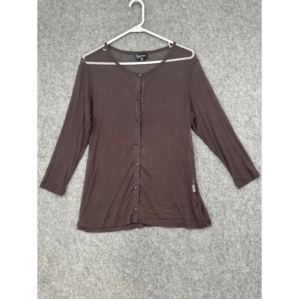 Lynn Ritchie Womens Brown Mesh Button Front Top 3/4 Sleeve Sheer Size L